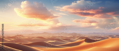A desert landscape with sand dunes stretching towards the horizon, meeting the morning dawn. 3D illustration ai generate