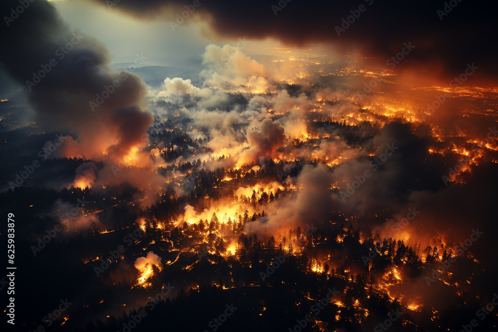 areal view of forest on fire, Generative AI