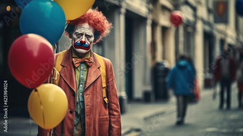 Depressed Clown. Sad Clown with Colorful Balloons. Sad Old Clown. Unhappy Clown with Balloons. Portrait image of a dressed old man as a traditional clown with balloons. Made With Generative AI.