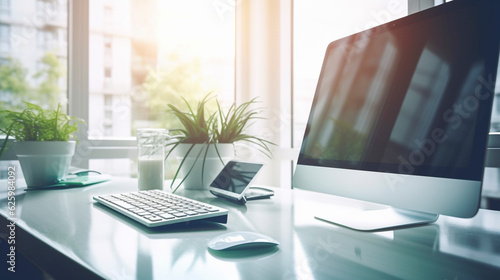 パソコンのあるオフィス風景　無人　AI生成画像　ジェネレーティブAI