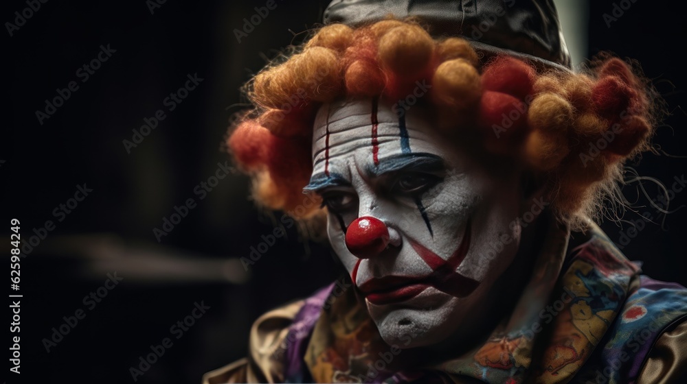 Depressed Clown. Sad Clown. Image with a copy space. Unhappy Clown. Mental health concept. Portrait image of a dressed old man as a traditional clown with balloons. Made With Generative AI.