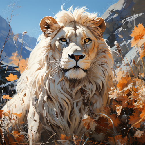 a white lion in grass, in the style of digital painting, detailed character illustrations