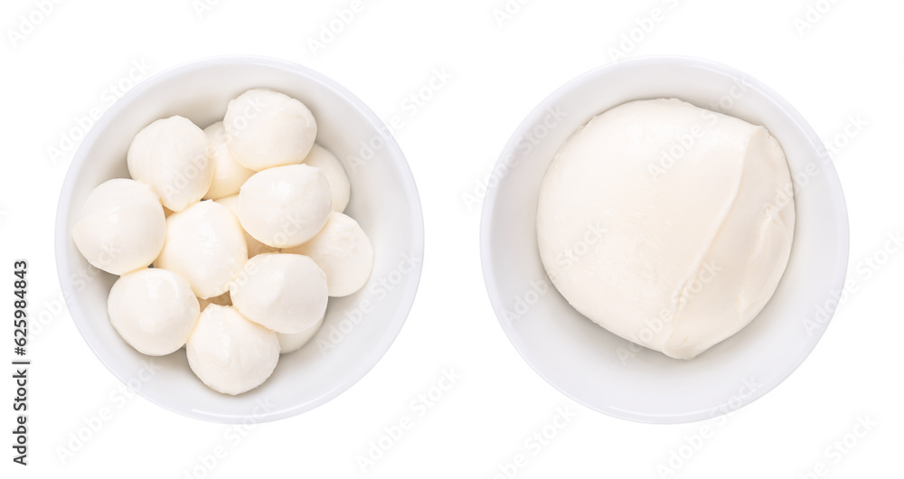 Mozzarella, mini balls (bambini bocconcini) and a ball of common size, in white bowls. Fresh white Italian cheese made from milk by the pasta filata method. Used for pizza, pasta or for Caprese salad. Mozzarella, mini balls (bambini bocconcini) and a ball of common size, in white bowls. Fresh white Italian cheese made from milk by the pasta filata method. Used for pizza, pasta or for Caprese salad.