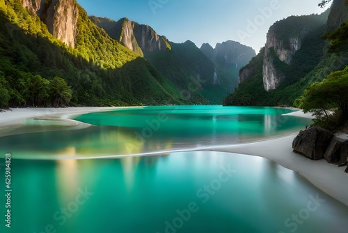 A serene, crystal-clear lagoon surrounded by towering limestone cliffs - AI Generative © Being Imaginative