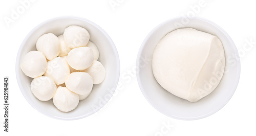 Mozzarella, mini balls (bambini bocconcini) and a ball of common size, in white bowls. Fresh white Italian cheese made from milk by the pasta filata method. Used for pizza, pasta or for Caprese salad. photo