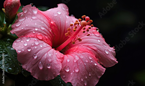 Hibiscus with drops water wallpaper. Tropical flower background. Created with generative AI tools