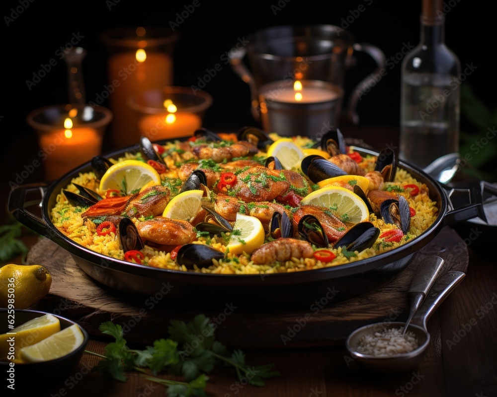 Spanish Kitchen Delights: Enjoying Seafood Paella, generative ai