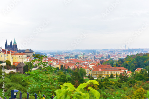 Beautiful panorama of the city with ancient architecture, gothic cathedral, buildings with red roofs and trees. Czech Republic, Prague, October 2022