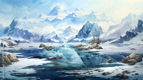 Snowy landscape with glaciers in arctic waters. Incredible scenery of snowy mountains and a clear blue lake. Generative AI © senadesign