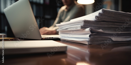 Wallpaper Mural Efficient Workspace Laptop and Piles of Documents on Modern Desk AI generated Torontodigital.ca