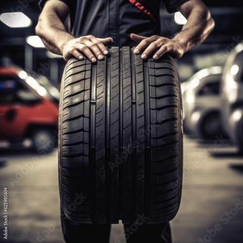 Car tire mechanic.Auto mechanic working in garage and changing wheel tire.