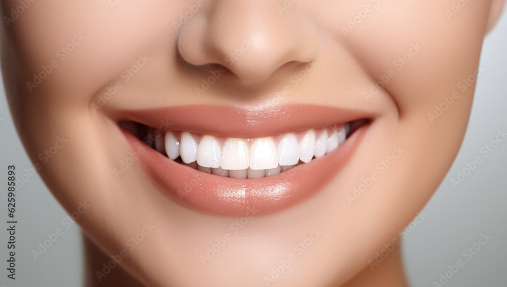 Obraz premium Close up of a young woman with beautiful wide smile and great healthy white teeth