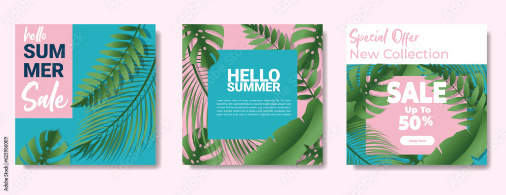 Tropical Summer background layout banner design with Paper Cut art vector. soft color pink and blue with green leave realistic and copy text. Design template for sale, social media, header, cover
