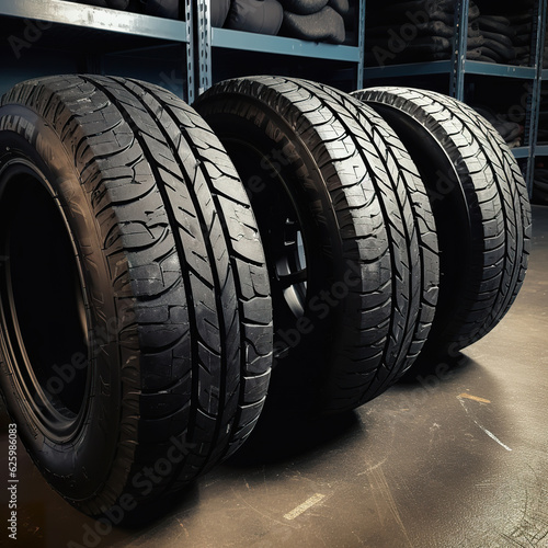Three new tires changing tires in mechanic shop. Transportation concept. Three new tires. Realistic 3D illustration. Generative AI