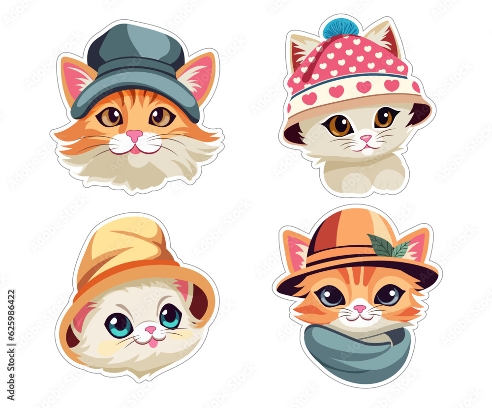 Set of stickers hand drawn cartoon adorable kittens in funny hats. Isolated items for design, printing, greeting cards, scrapbooking. Vector illustration drawing kittens head.  