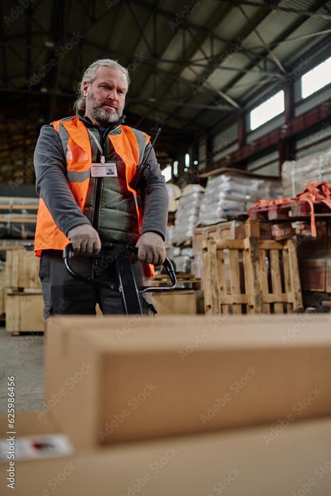Vertical image of warehouse worker loading containers in storage room Vertical image of warehouse worker loading containers in storage room