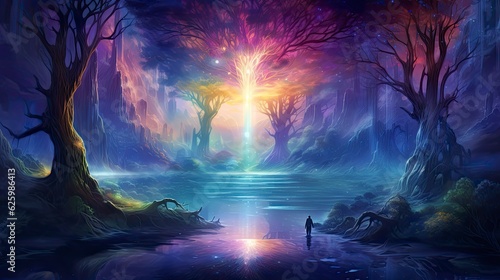 Trees, epic fantasy forest, epic landscape, space background, vibrant fantasy background