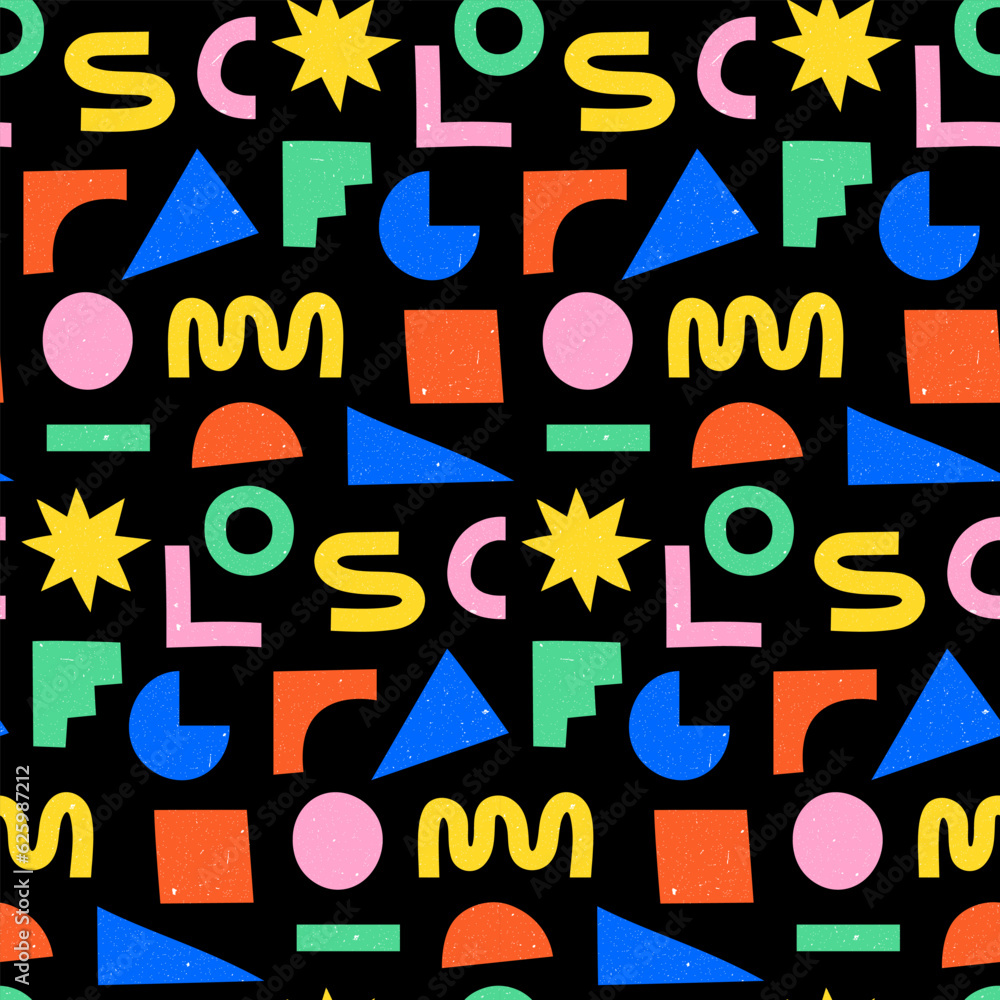 Fototapeta premium Colorful seamless pattern with geometric shapes with grain texture. Various abstract symbols for creative design on black background.