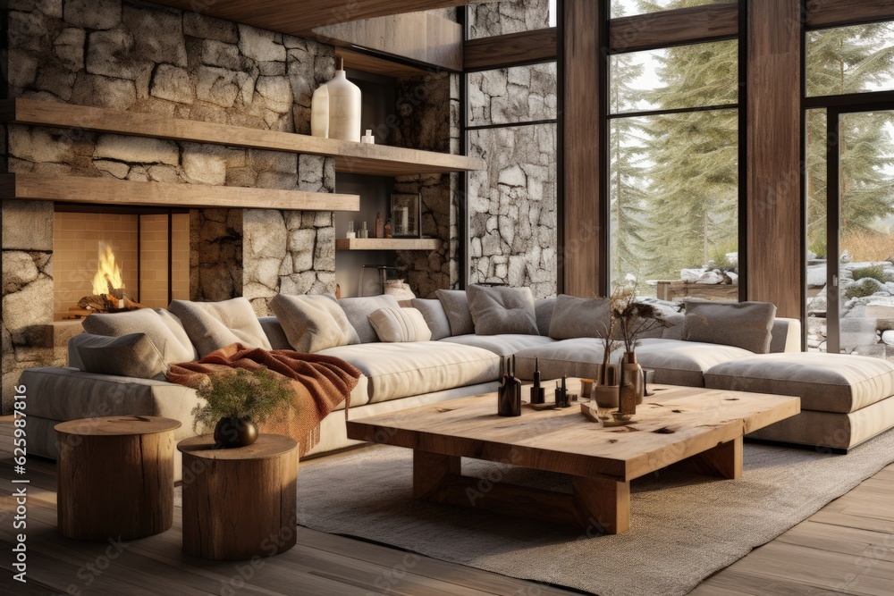 Enter a realm of comfort and style, featuring carefully curated rustic details in this modern living room. 3D illustration ai generate