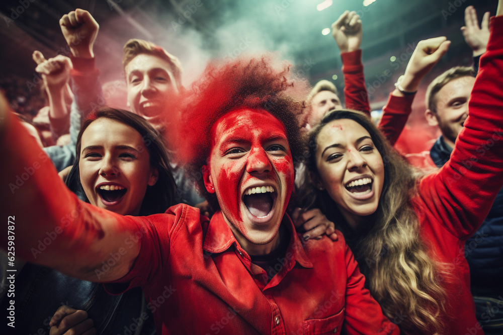 sports stadium soccer match group of fans with red colors cheering team. High quality photo