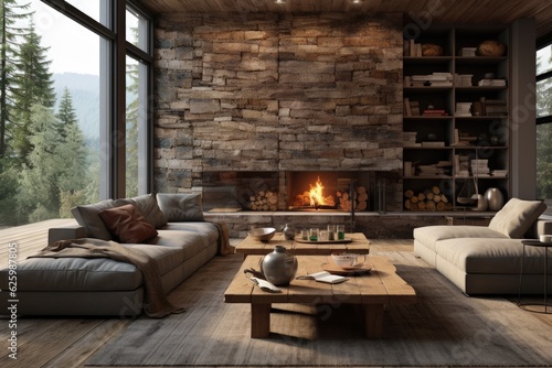 Dive into the epitome of modern coziness, featuring tasteful rustic elements in this chic living room. 3D illustration ai generate © Александр Паршин