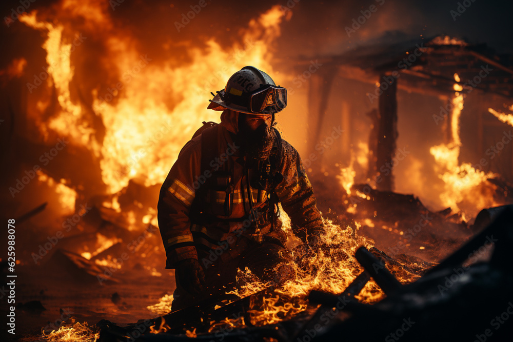 firemen wearing protective mask trying to stop the huge fire from burning a house firemen wearing protective mask trying to stop the huge fire from burning a house