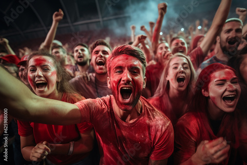 sports stadium soccer match group of fans with red colors cheering team. High quality photo