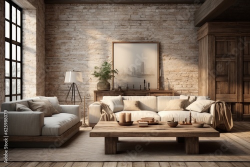 Appreciate the soothing ambiance of a minimalist living room enhanced by charming rustic accents. 3D illustration ai generate