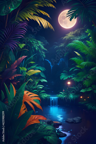 The Jungle With Moonlight,Fantastic Jungle In The Evening,A beautiful Enchanted Forest,Generative AI 