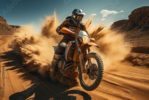 Rider on a cross-country enduro motorcycle go fast at the desert. Enduro racing driver take a corner with a splashes of sands and dust. Drift. Made With Generative AI.