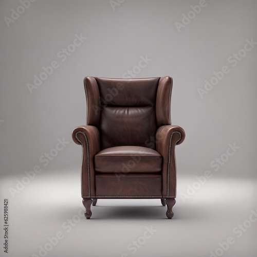 Leather armchair on grey spotlight background, vintage chair, old couch, created with generative AI technology © Nani