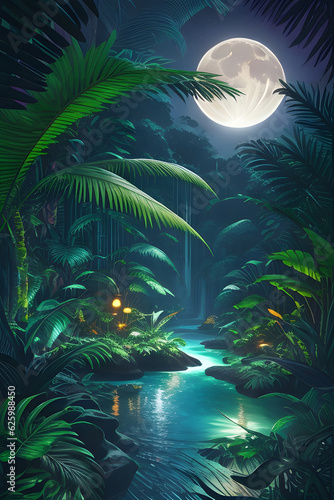 The Jungle With Moonlight Fantastic Jungle In The Evening A beautiful Enchanted Forest Generative AI  