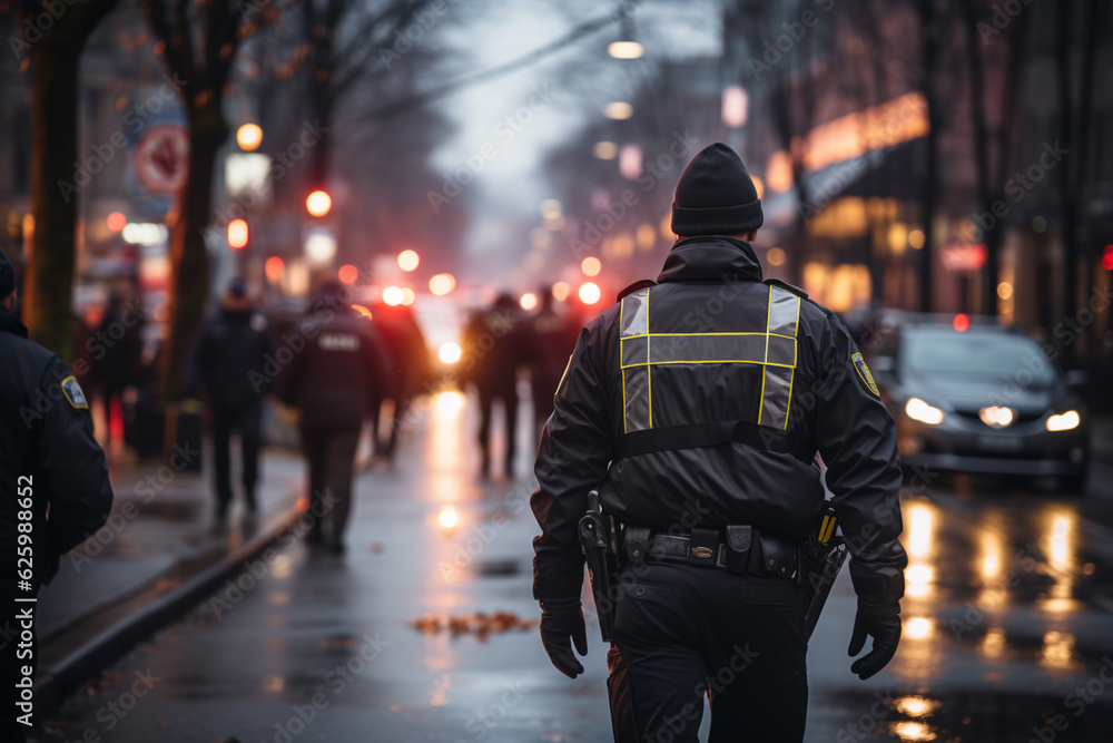 Fototapeta premium A law officer from behind walking and patrolling on a street 