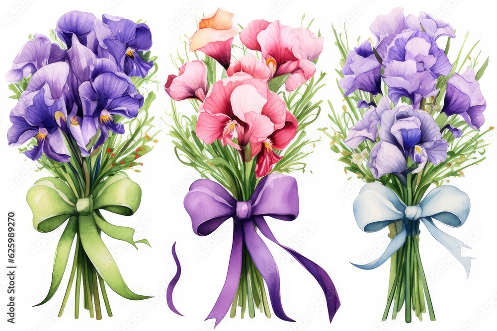  set of Watercolor bouquet of sweet Peas and  Iris flower, watercolor Illustration isolated on white background for wedding card, cover, invitations.  