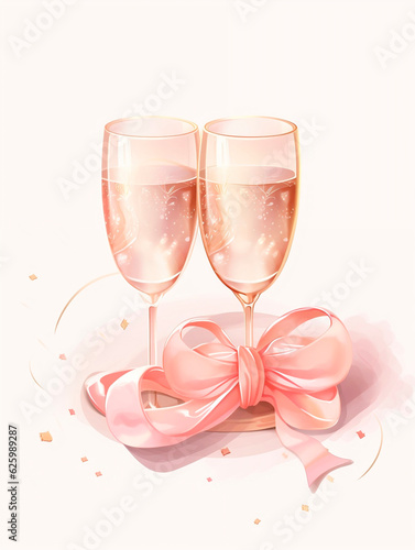Illustration of two glasses of champagne with pink ribbon and confetti.AI Generated