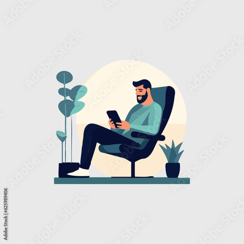 man sitting working on cell phone sitting in chair