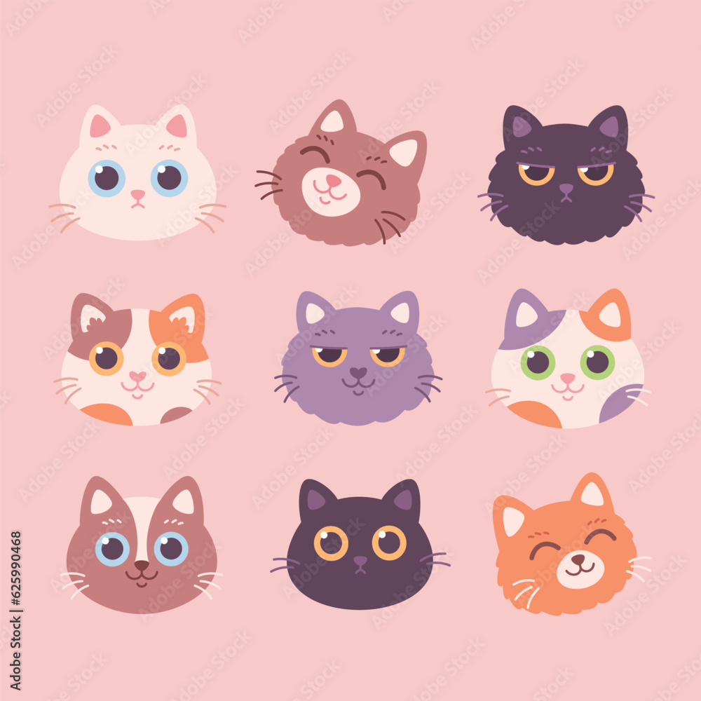 Collection of Cat faces. Cat characters with different emotions and facial expressions. Vector illustration in flat style Collection of Cat faces. Cat characters with different emotions and facial expressions. Vector illustration in flat style