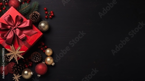 Top view of Christmas decor, gift box and dark background, AI generative