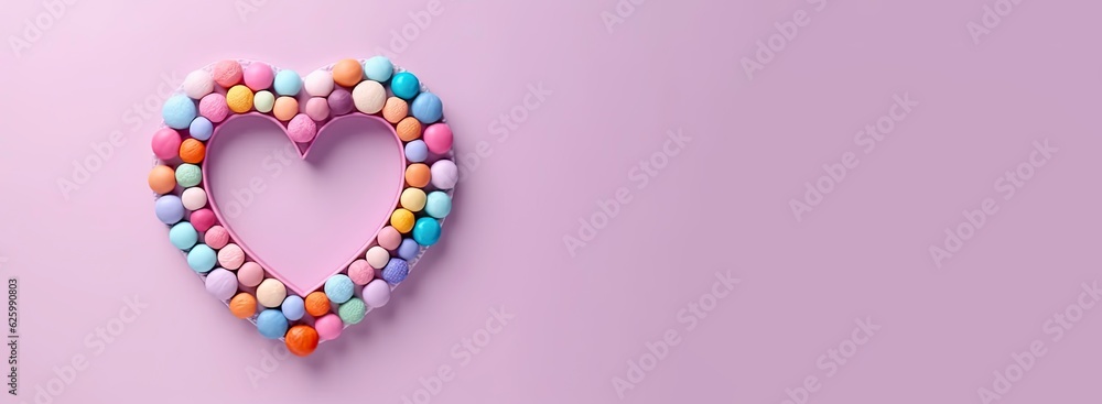  Multicolored balls  Love Heart isolated pink background.Sphere glass  in a heart frame .