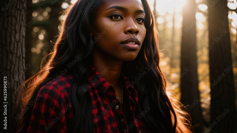 A strong and sturdy black woman in a plaid shirt, against a forest backdrop A strong and sturdy black woman in a plaid shirt, against a forest backdrop