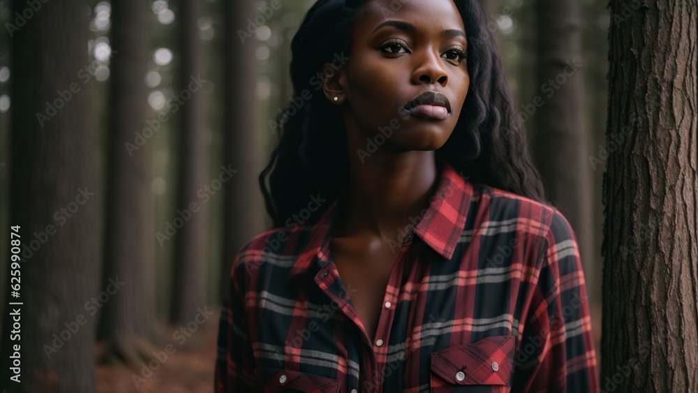 A strong and sturdy black woman in a plaid shirt, against a forest backdrop