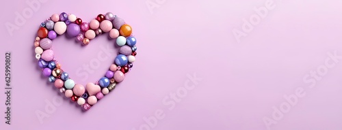  Multicolored Sphere glass Love Heart isolated pink background.glass beads in a heart frame .
