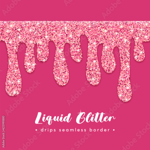 Vector Pink Glitter Paint Drips Seamless Border. Decorative liquid flowing shiny rose paint stains. Abstract sparkle splatter design element on pink background for banner, wedding, Valentines card.