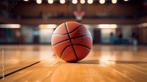 Basketball ball on the floor in sport gym, Generative AI © khwanchai