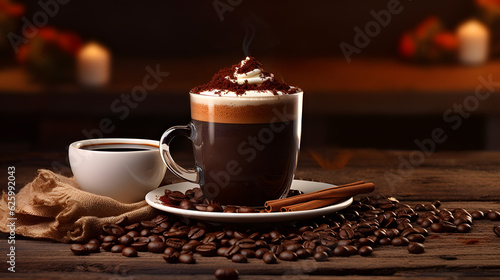 Hot Chocolate with Whipped Cream and Black Coffee on a Wooden Background
