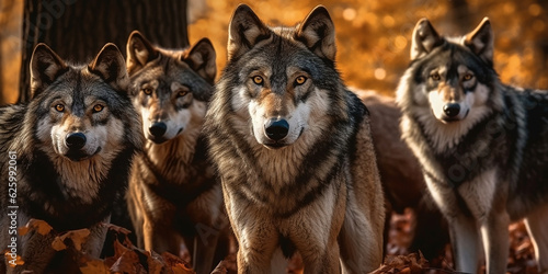 Portrait of a pack of wild wolves. Generative AI