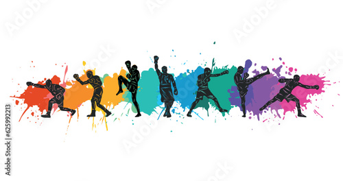 Colorful vector illustration silhouettes of boxers, thai boxers, kickboxers. Unity sports boxing, Thai boxing, kickboxing