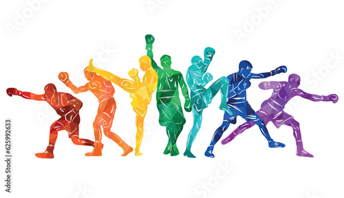 Colorful vector illustration silhouettes of boxers, thai boxers, kickboxers. Unity sports boxing, Thai boxing, kickboxing photo