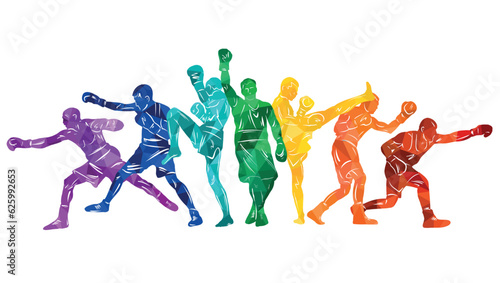 Colorful vector illustration silhouettes of boxers, thai boxers, kickboxers. Unity sports boxing, Thai boxing, kickboxing