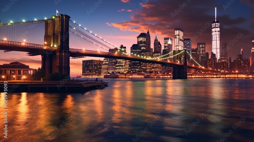 East River with a stunning view of Manhattan and the Brooklyn Bridge, New York, Generative AI.